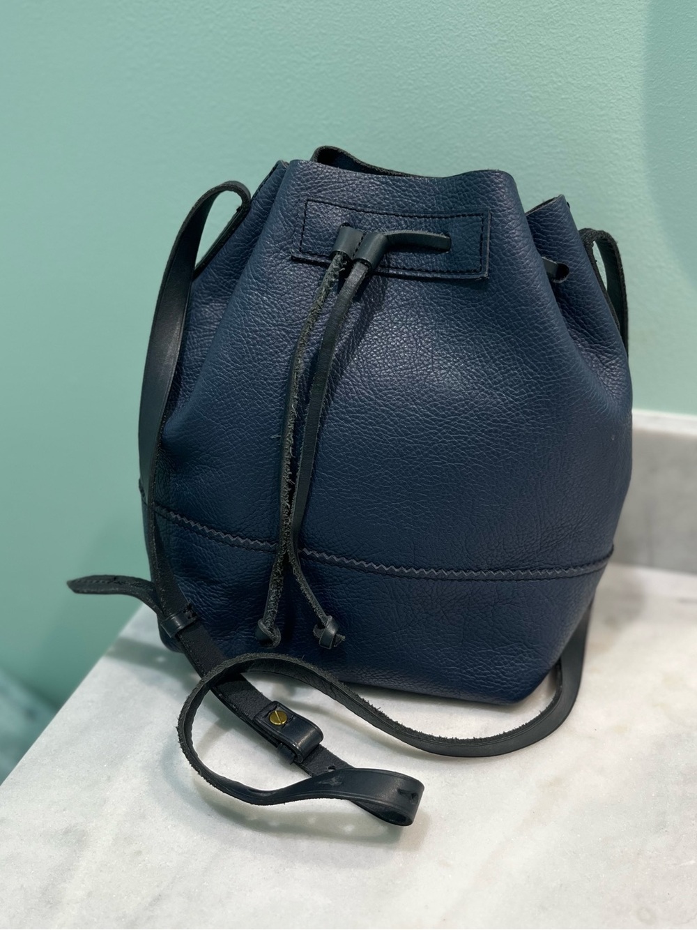 J Crew Navy Blue Pebbled Leather Downing Bucket Bag Excellent Condition